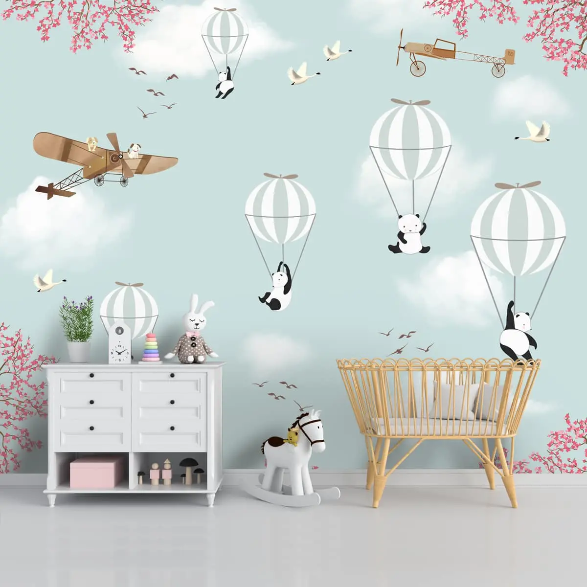 Flying Panda And Hot Air Balloons Kids Rooms Wallpaper, Customised 1