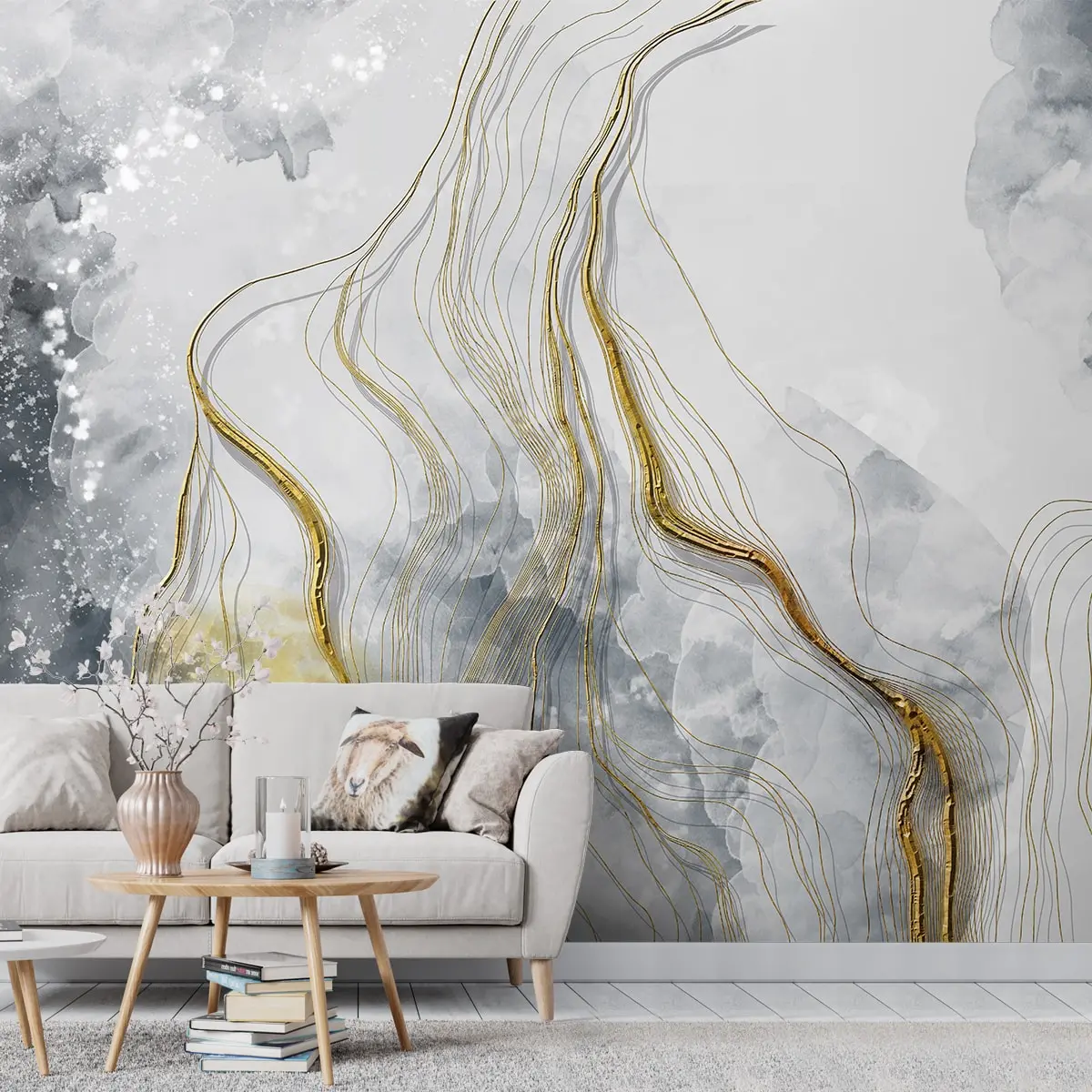 3D Look Grey & Gold Marble Customised Wallpaper 1