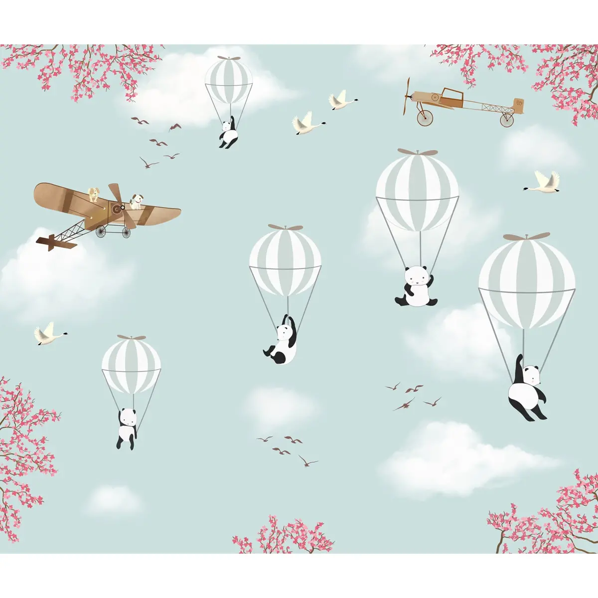 Flying Panda And Hot Air Balloons Kids Rooms Wallpaper, Customised 4