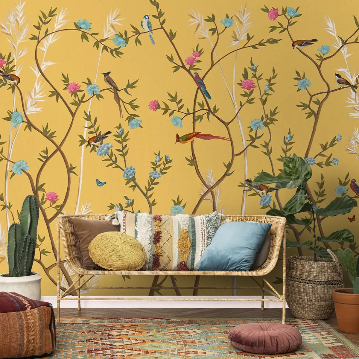 Yellow Chinoiserie Wallpaper With Flowers And Birds, Customised 1