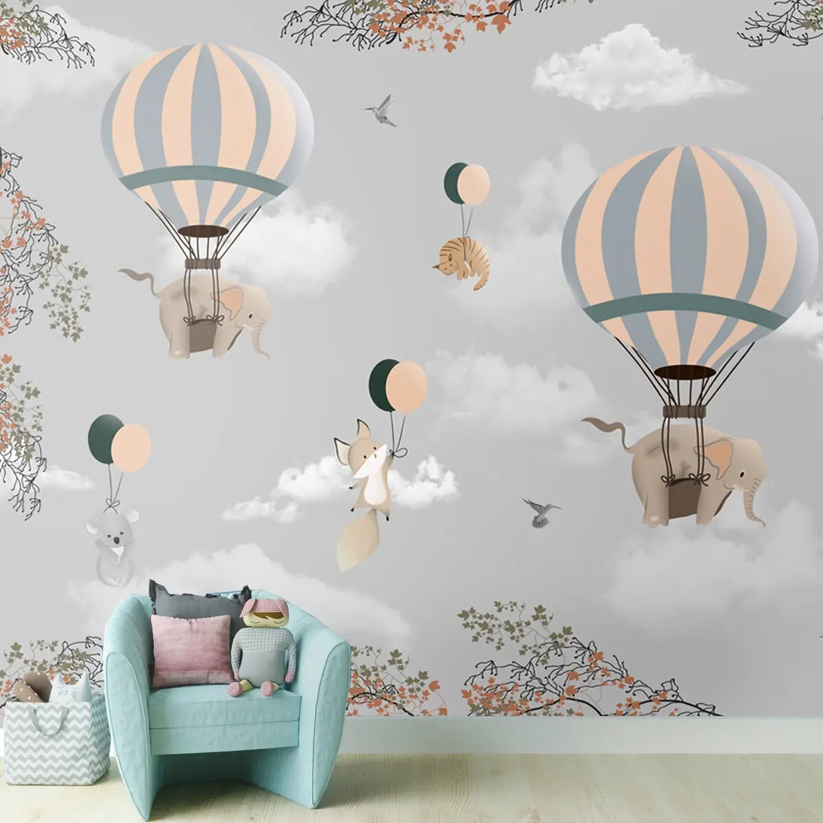 Adorable Elephants And Hot Air Balloons Wallpaper For Kids Room 1