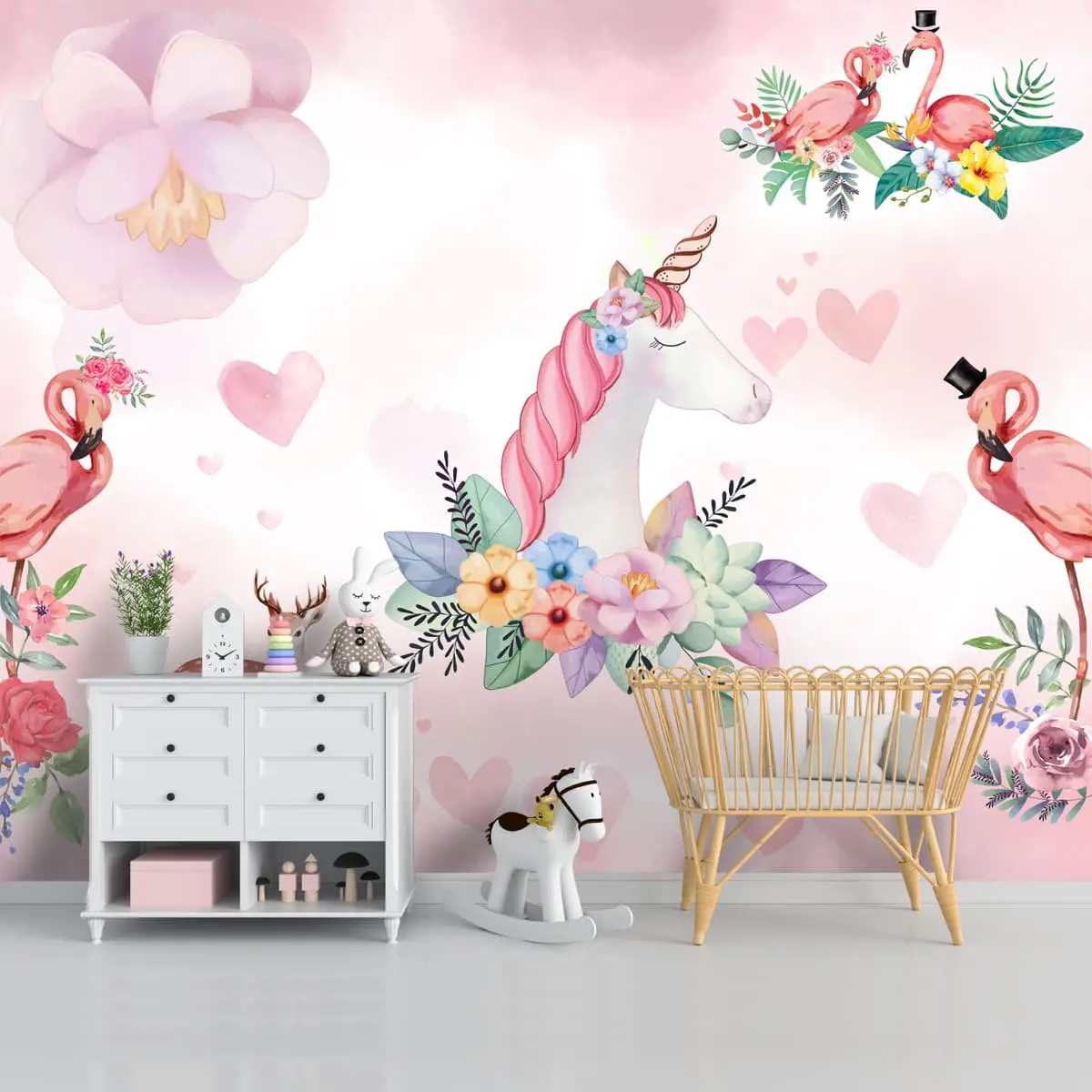 Unicorn Wallpaper Design For Girls Rooms, Water Color Theme, Pink 1