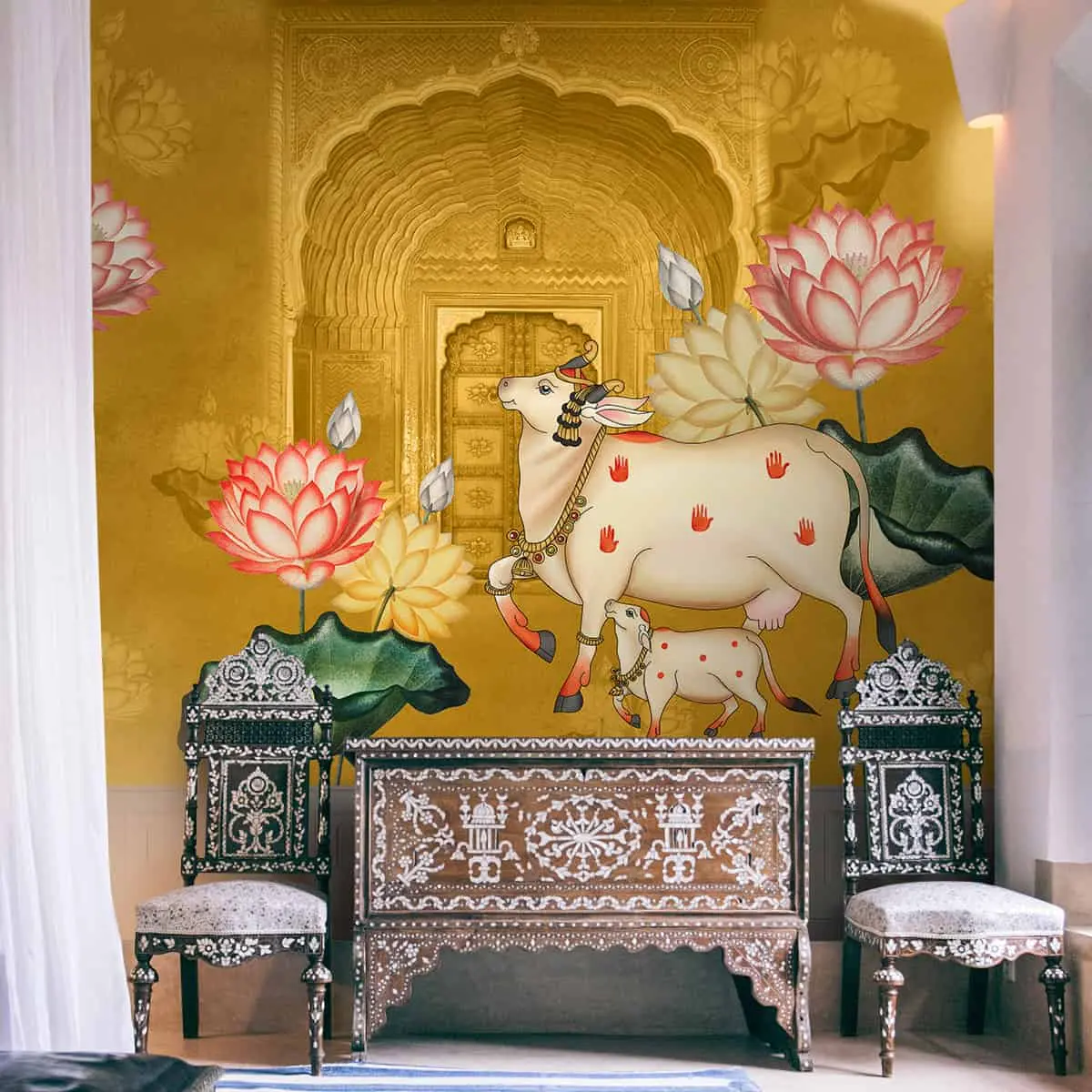Pichwai Style Wallpaper For Lobby And Temple Walls, Yellow 1