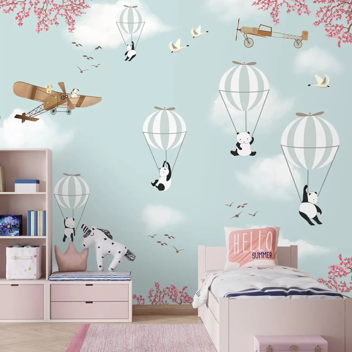Flying Panda And Hot Air Balloons Kids Rooms Wallpaper, Customised 2