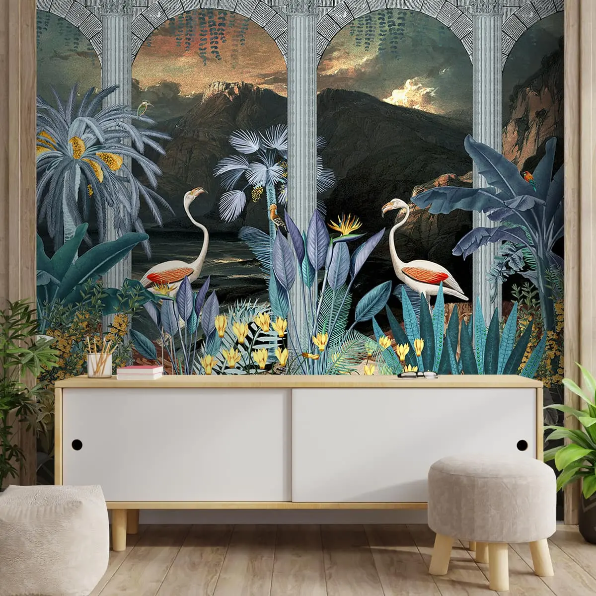 Tropical Theme Wallpaper Design With Flamingoes 1