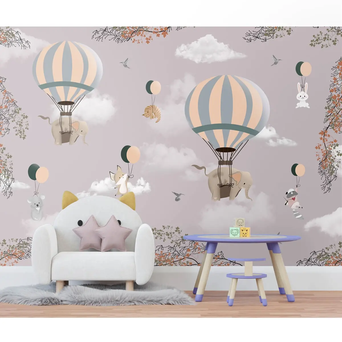 Flying Animals On Hot Air Balloons Wallpaper Design For Kids, Customised 1