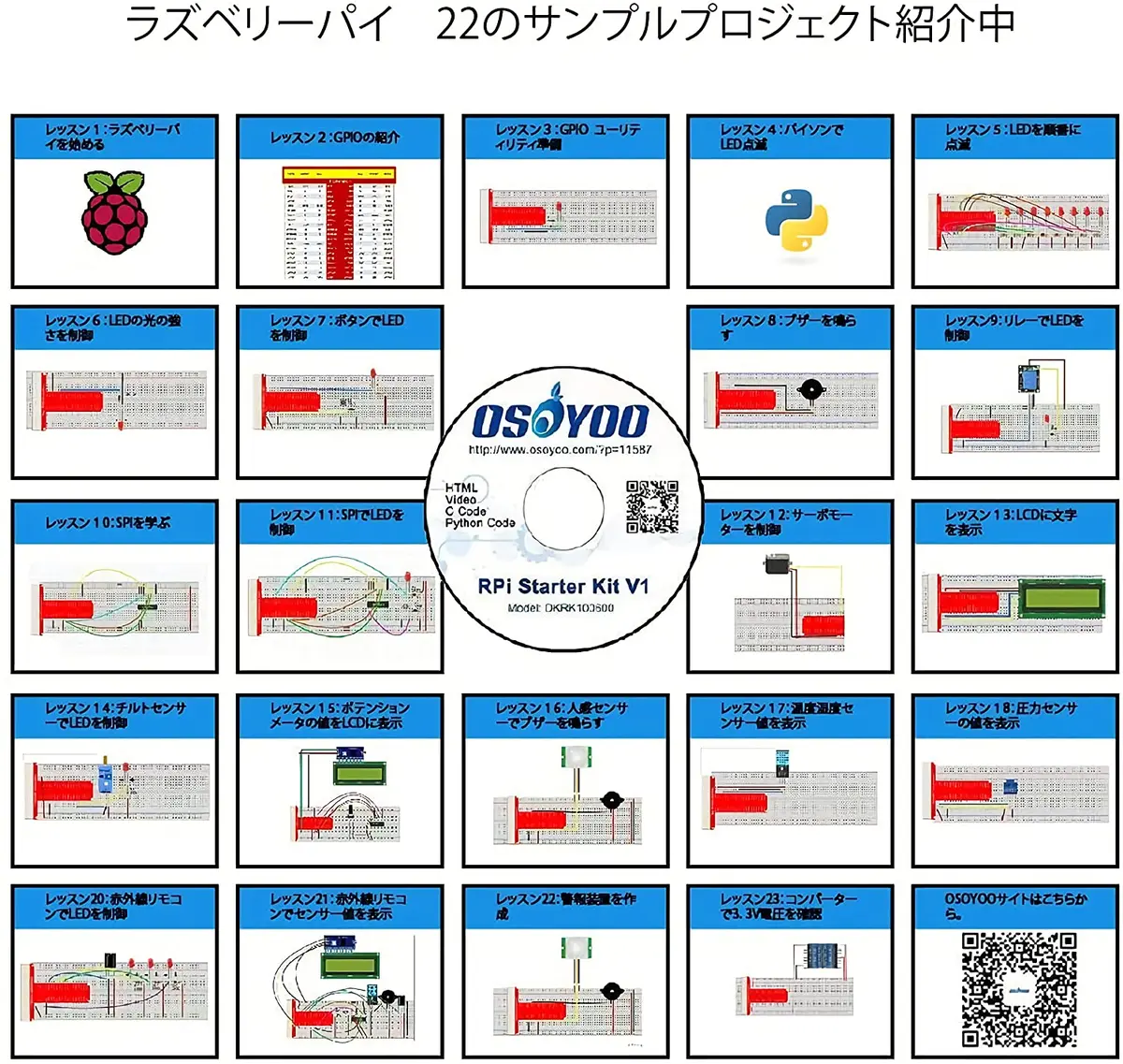 66個セット----Osoyoo(オソヨー) Raspberry Pi 学ぶ電子工作キット 初心者演習用パーツセット ラズパイ11実例 回路配線図とサンプルスケッチ有り プログラミング ラズベリー パイ 超入門 スターター学習キット Led制御 スイッチ I2c Lcd 温湿度センサー マイクロサーボ 人体感知センサー A/Dコンバータ ブザー 大気圧センサー リレーモジュール制御 赤外線リモコン等iotを実践する電子部品セット (Pi 3 Diy Kit 22In1) 2