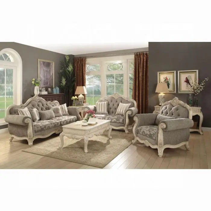 Ragenardus Gray Fabric & Antique White Sofa W/5 Pillows 1