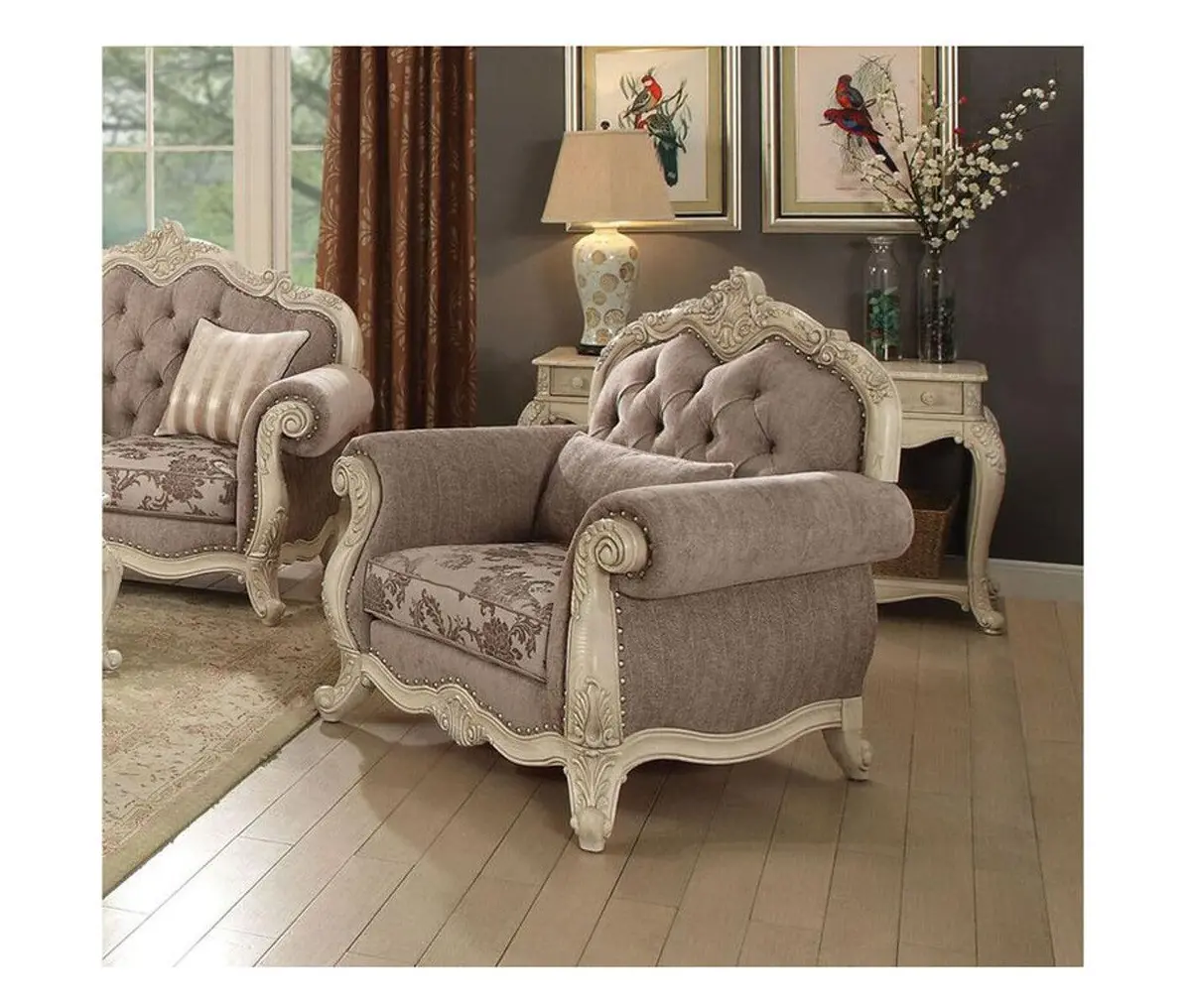 Acme Ragenardus Chair With 1 Pillow In Gray Fabric & Antique White 56022 1
