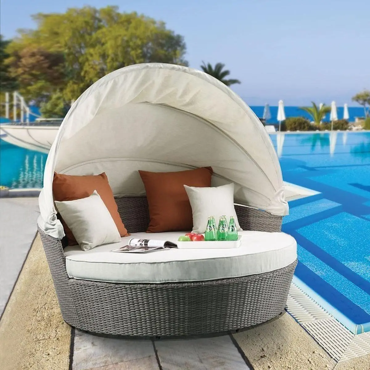 Acme Salena Patio Canopy Sofa With Ottoman In Beige Fabric & Gray Wicker 45025 1