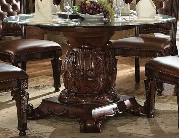 Acme Vendome Single Pedestal Dining Table With 54" Tempered Glass Top In Cherry 62010 1