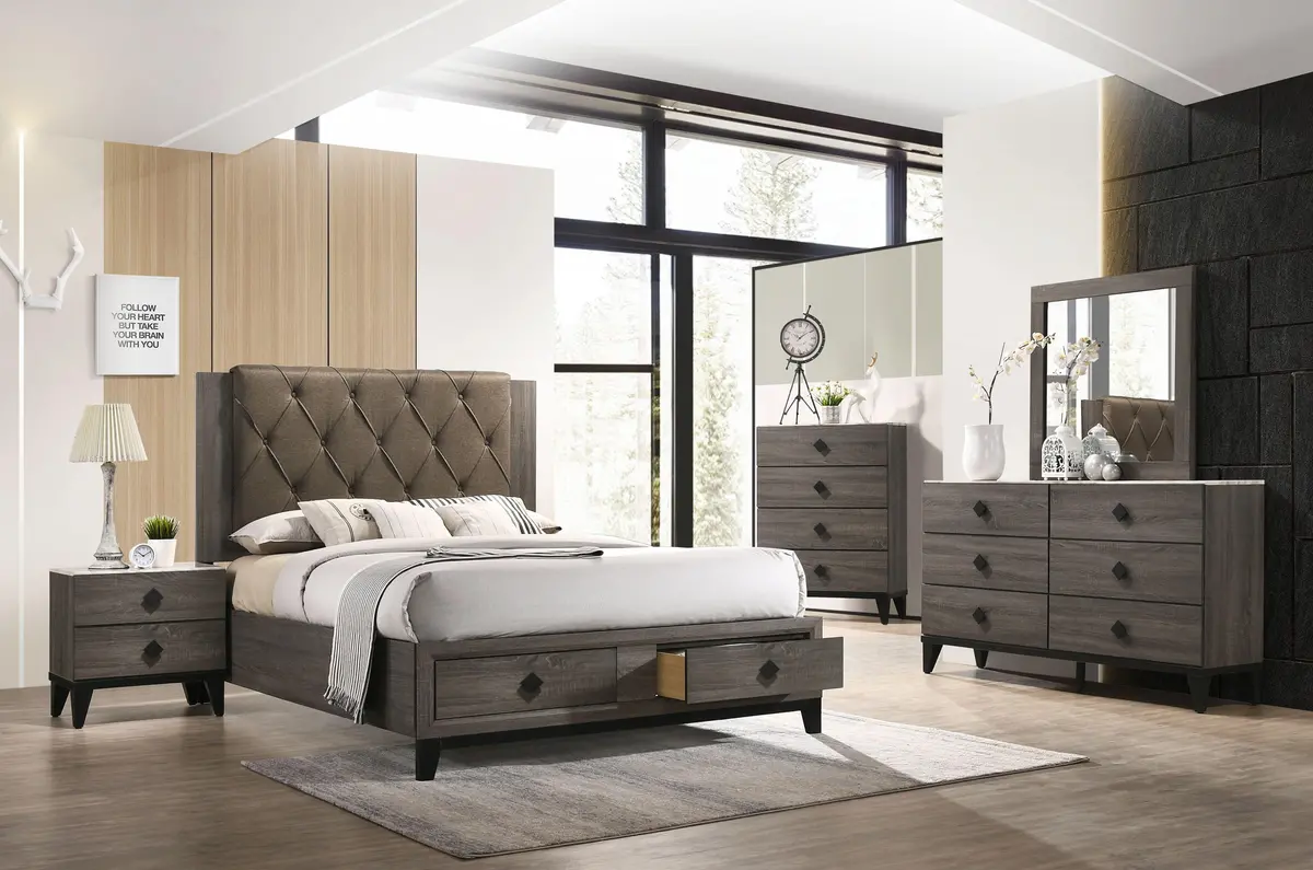 Avantika Fabric & Rustic Gray Oak Eastern King Bed (Storage) 1
