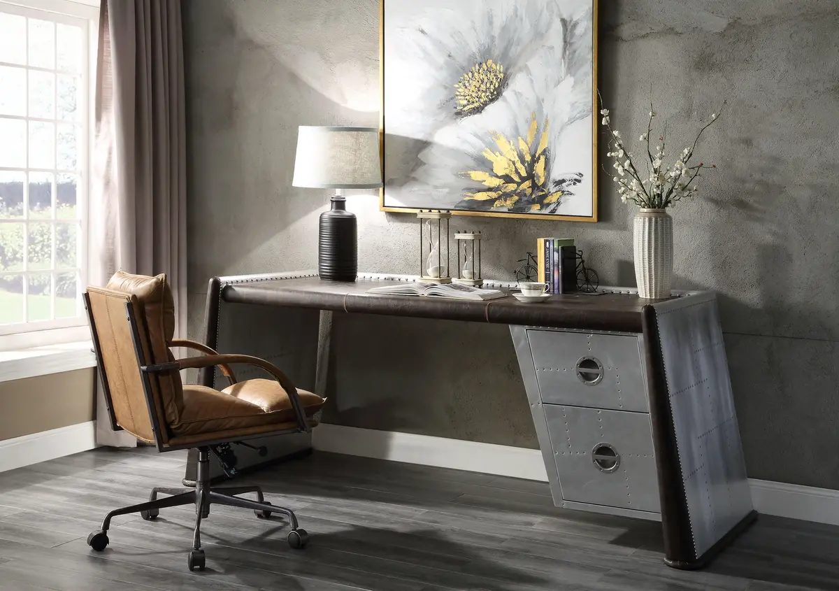 Brancaster Distress Chocolate Top Grain Leather & Aluminum Desk 1