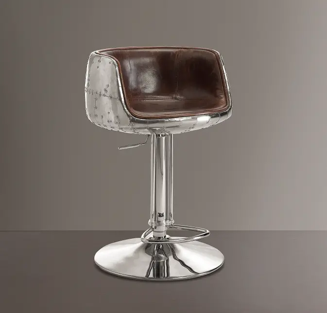 Brancaster Vintage Brown Top Grain Leather & Aluminum Adjustable Stool (1Pc) 1