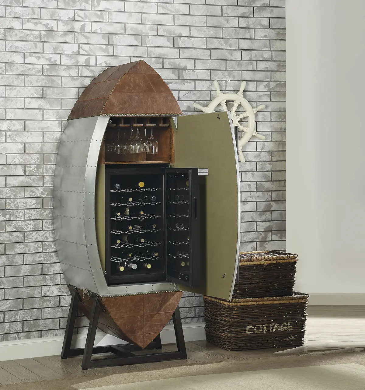 Brancaster Retro Brown Top Grain Leather & Aluminum Wine Cabinet & Cooler 1