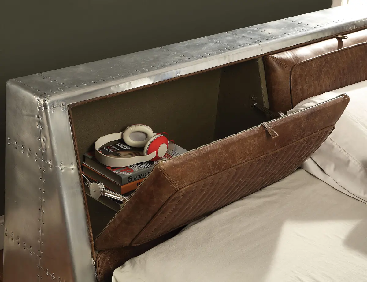Brancaster Retro Brown Top Grain Leather & Aluminum Queen Bed 1