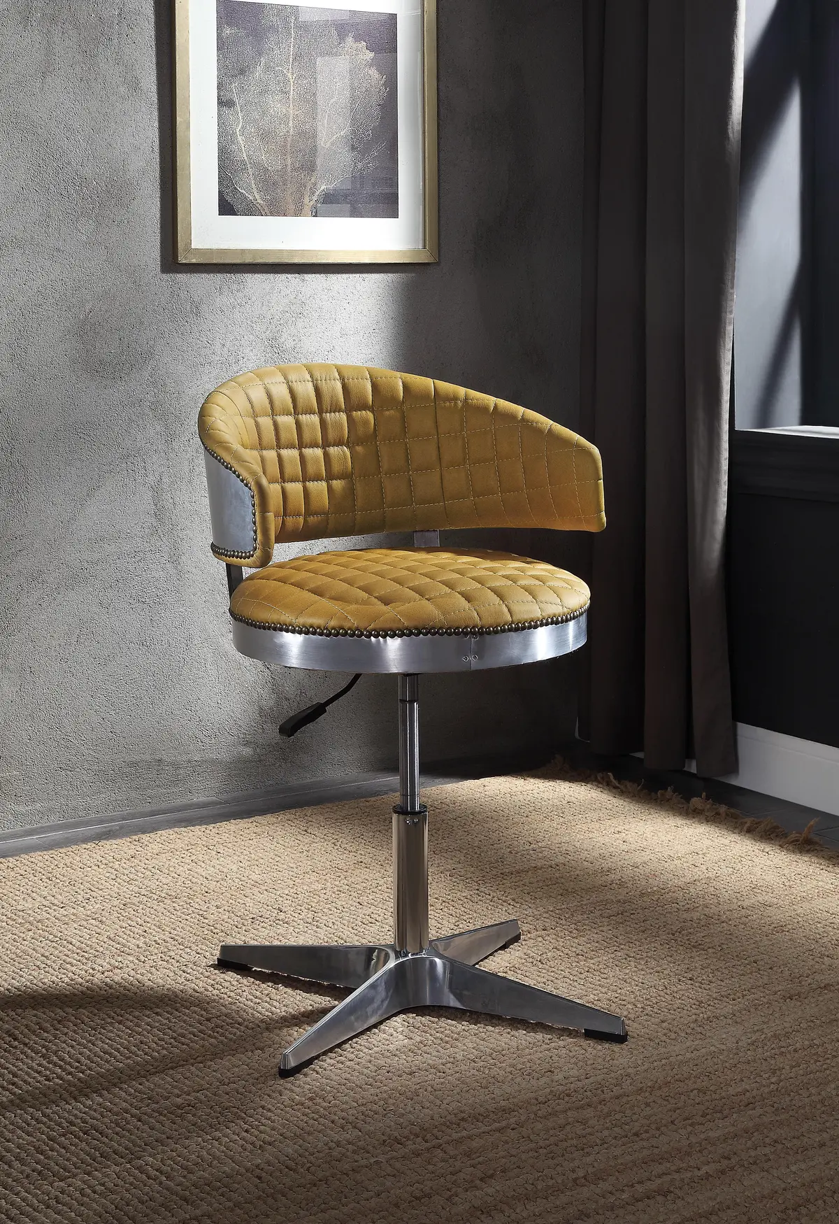 Brancaster Turmeric Top Grain Leather & Chrome Adjustable Chair W/Swivel 1