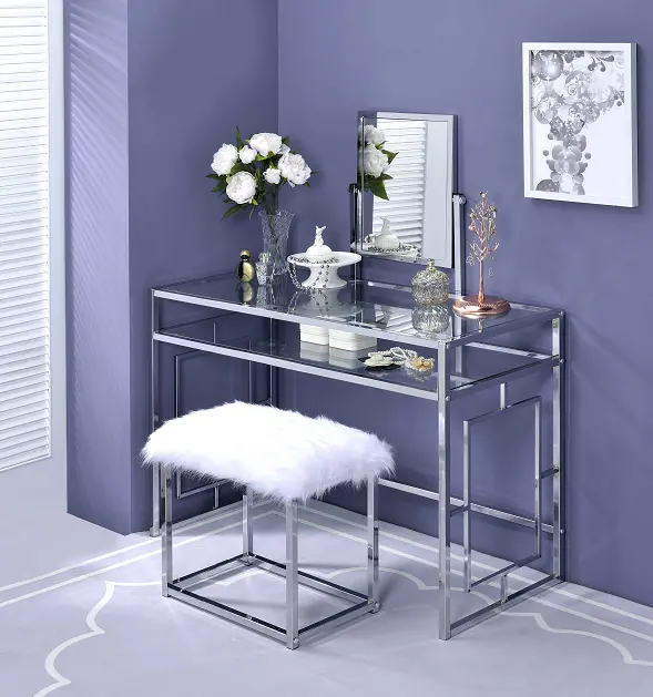 Carenze Ii White Faux Fur & Chrome Vanity Set 1
