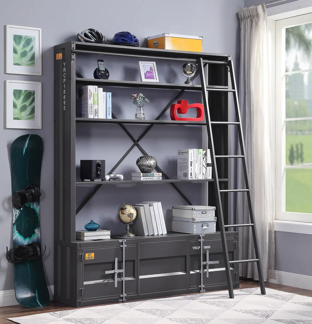 Cargo Gunmetal Bookshelf & Ladder 1