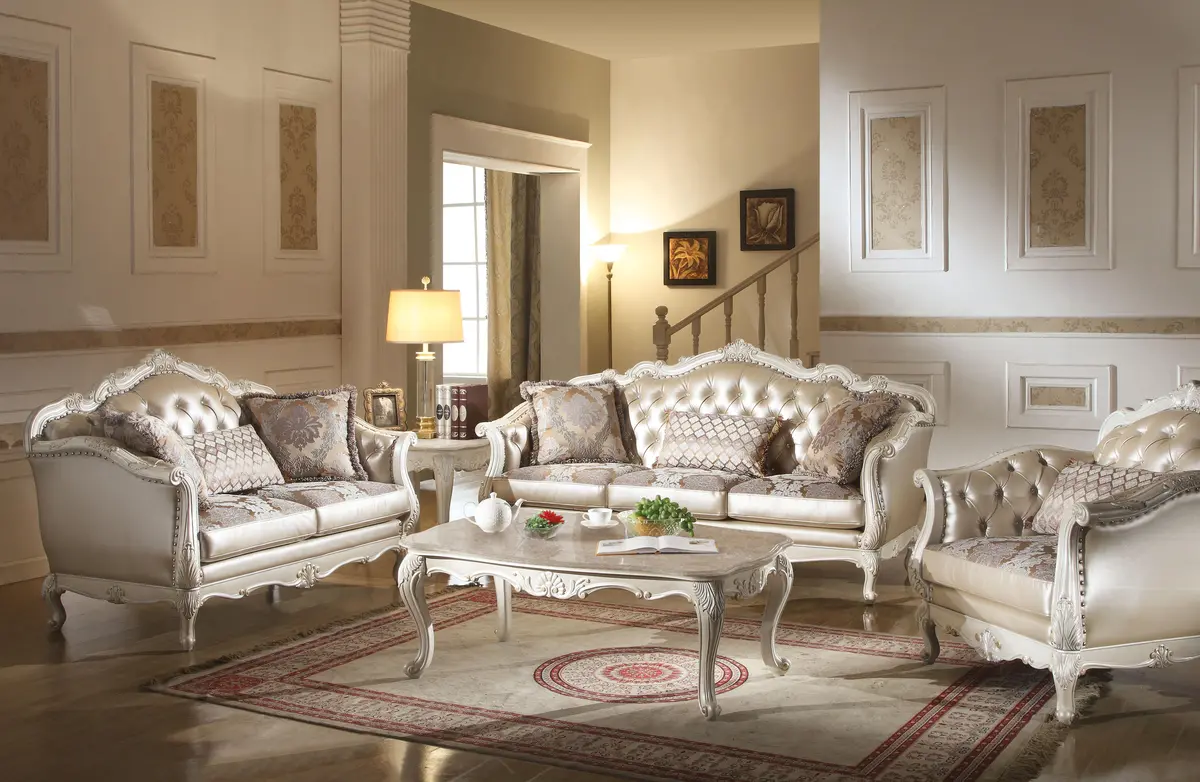Chantelle Rose Gold Pu/Fabric & Pearl White Sofa W/3 Pillows 1