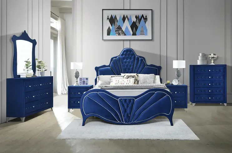 Dante Blue Velvet Eastern King Bed 1