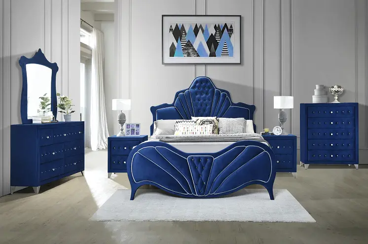 Dante Blue Velvet Queen Bed 1