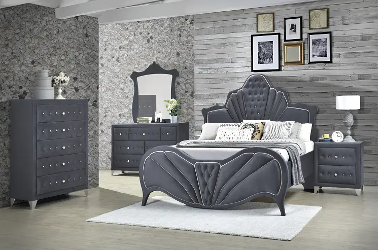 Dante Gray Velvet Queen Bed 1