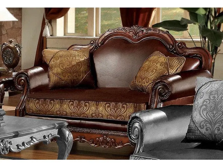Dresden Brown Pu & Chenille, Cherry Oak Loveseat W/2 Pillows 1