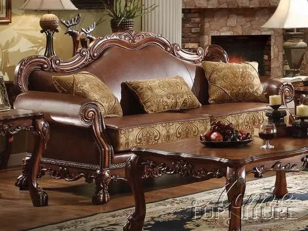 Dresden Brown Pu & Chenille, Cherry Oak Sofa W/3 Pillows 1
