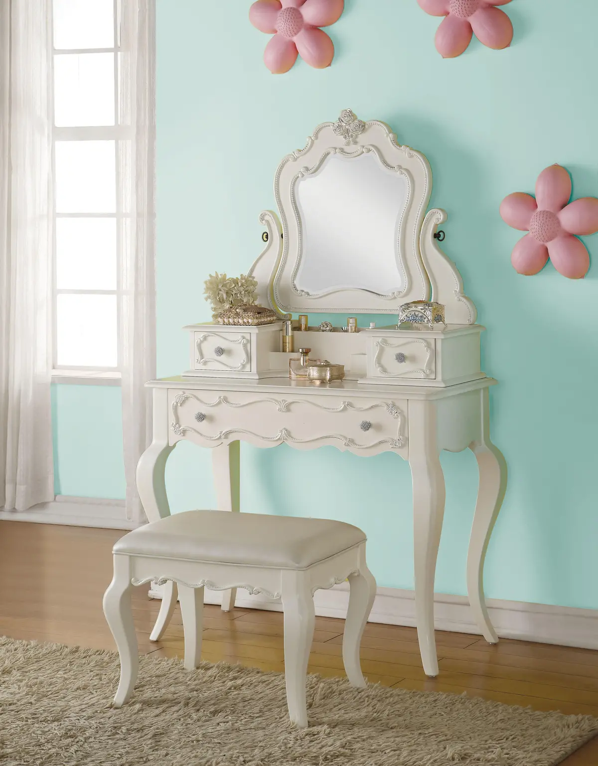 Edalene Pearl White Vanity & Mirror 1