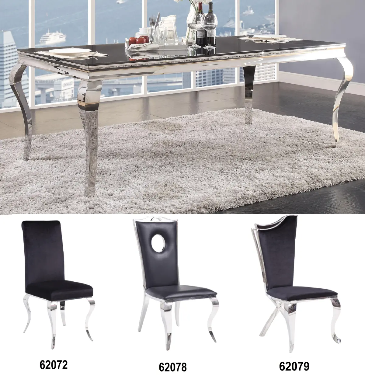 Fabiola Stainless Steel & Black Glass Dining Table 1