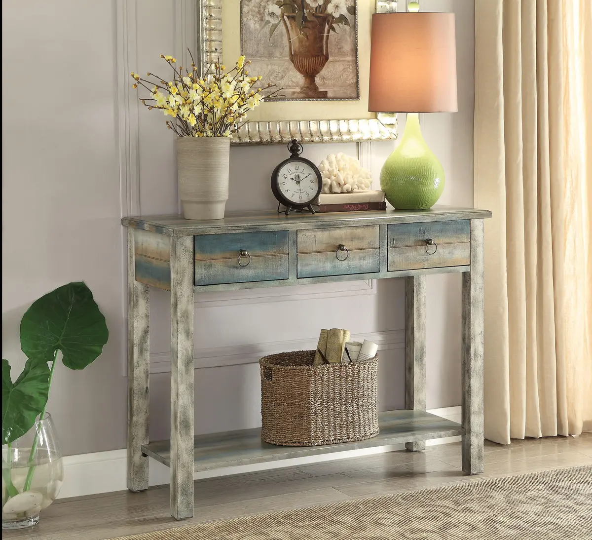 Glancio Antique White & Teal Console Table 1