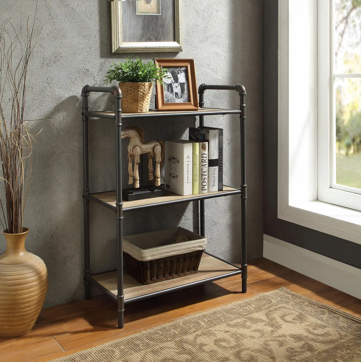 Itzel Antique Oak & Sandy Gray Bookshelf 1