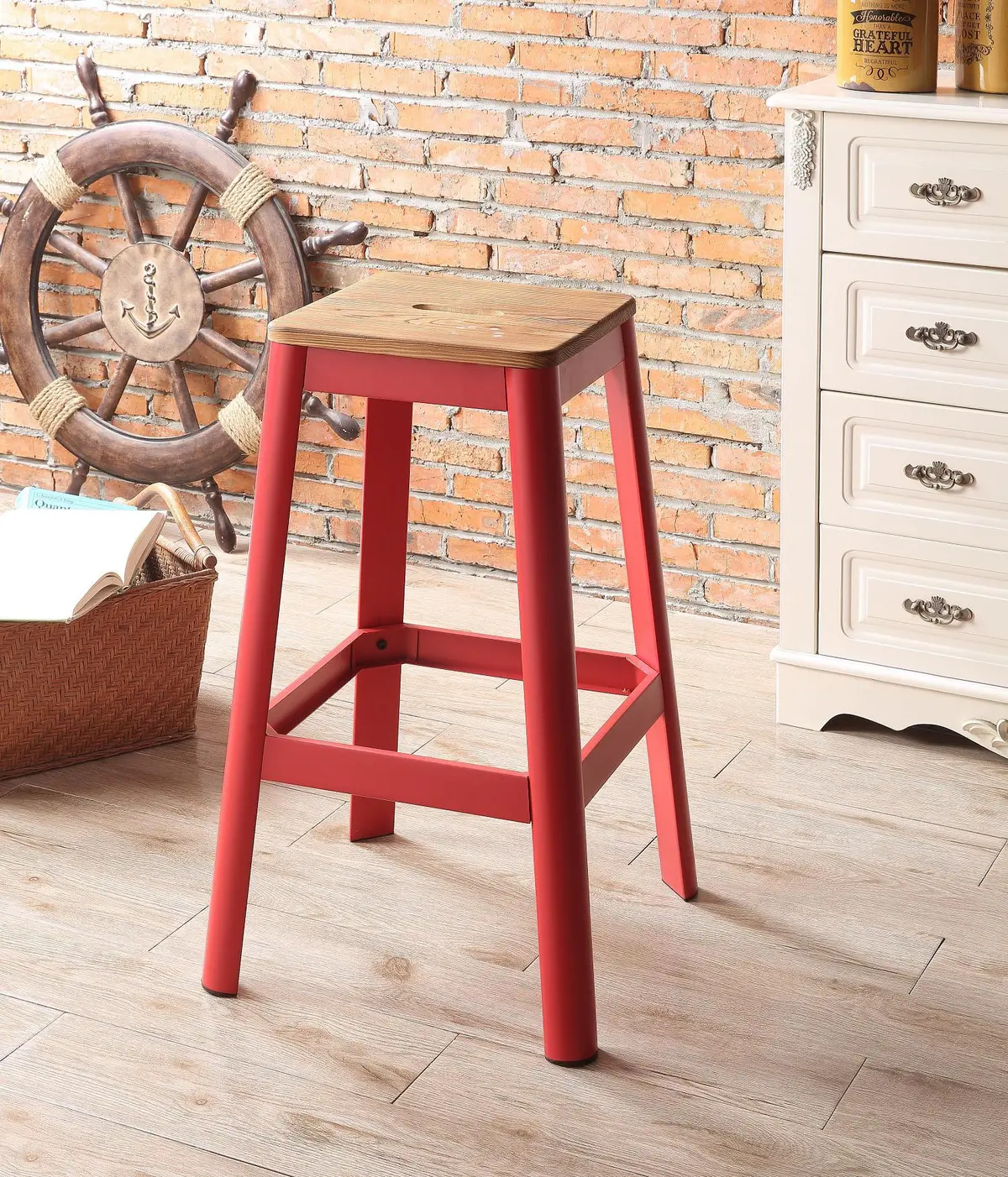 Jacotte Natural & Red Bar Stool (1Pc) 1