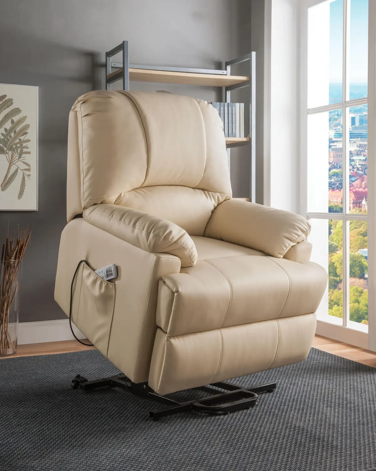 Ixora Beige Pu Recliner W/Power Lift & Massage 1