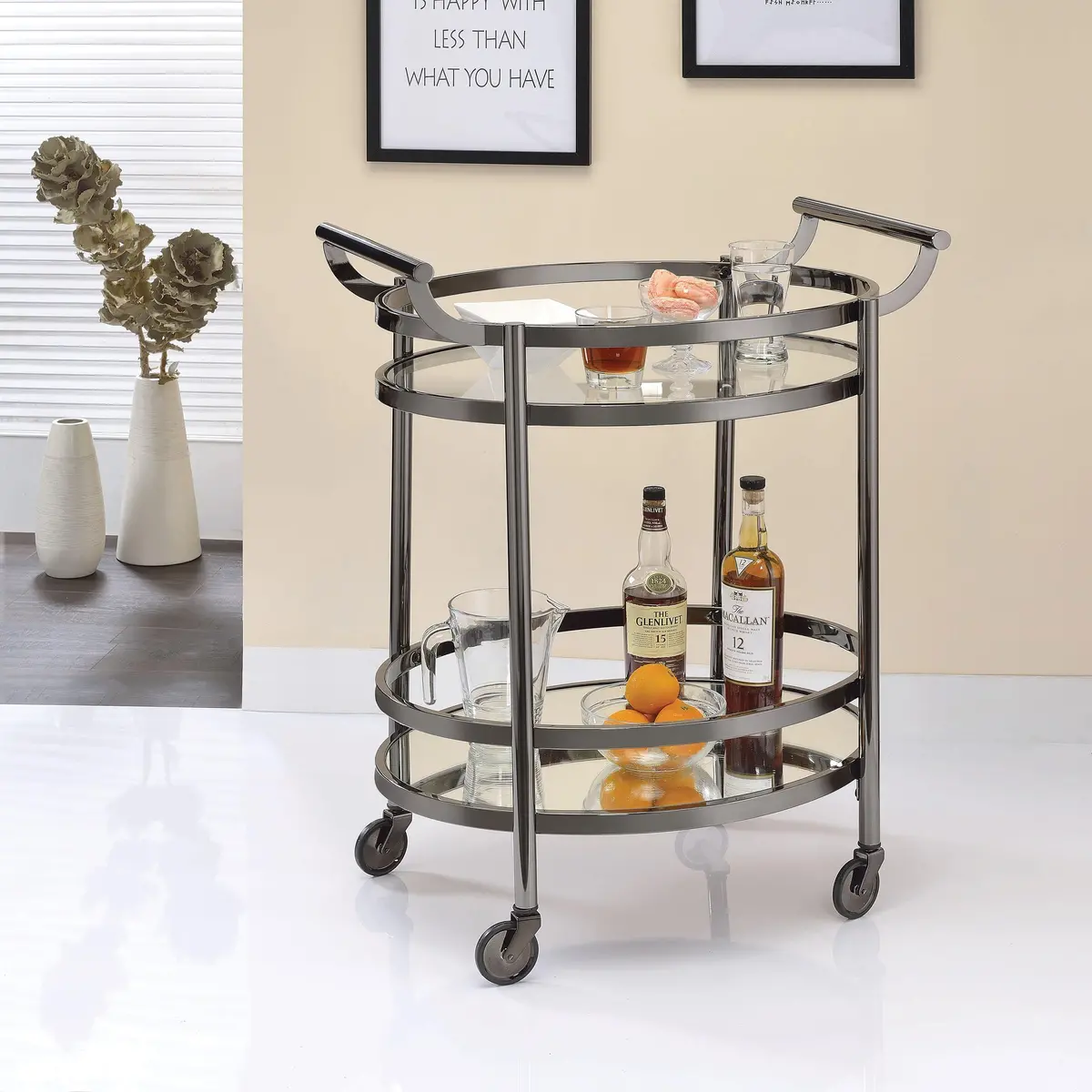 Lakelyn Black Nickel & Clear Glass Serving Cart 1