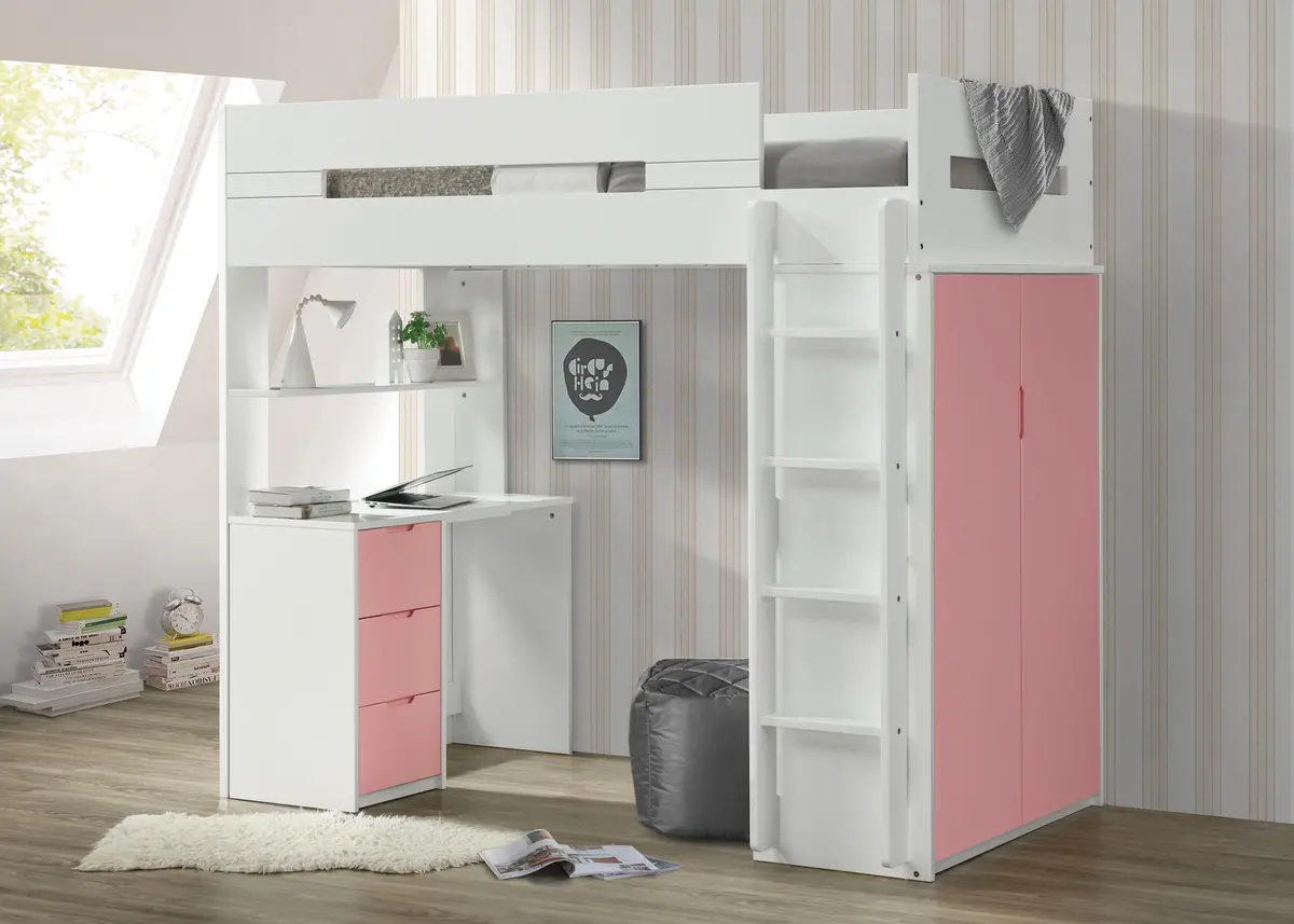 Nerice White & Pink Loft Bed 1