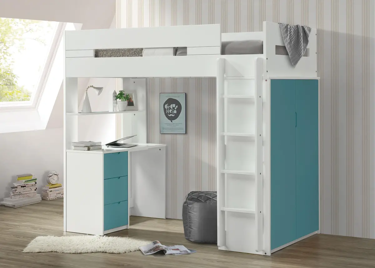 Nerice White & Teal Loft Bed 1