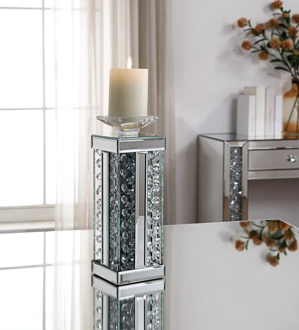 Nysa Mirrored & Faux Crystals Accent Candleholder 1