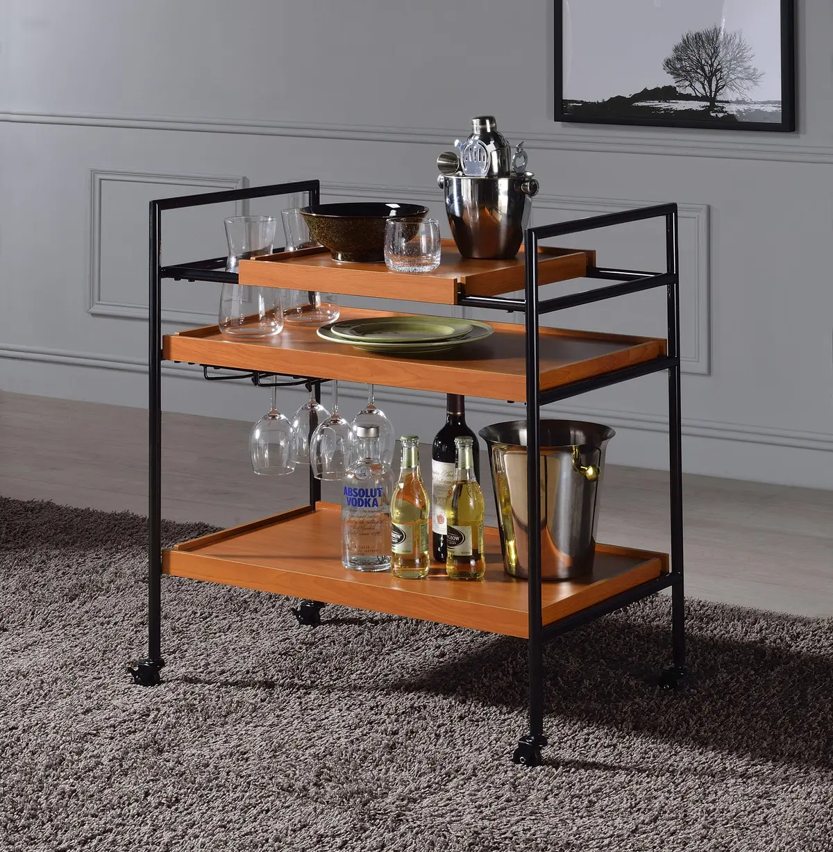 Oaken Honey Oak & Black Serving Cart 1