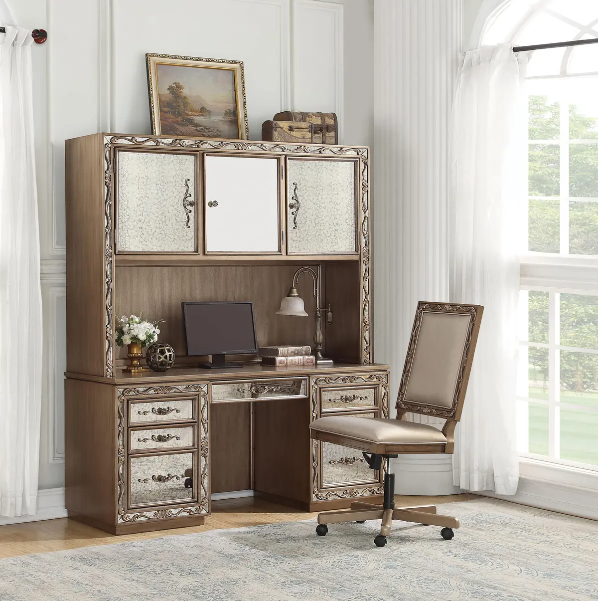Orianne Antique Gold Computer Desk & Hutch 1