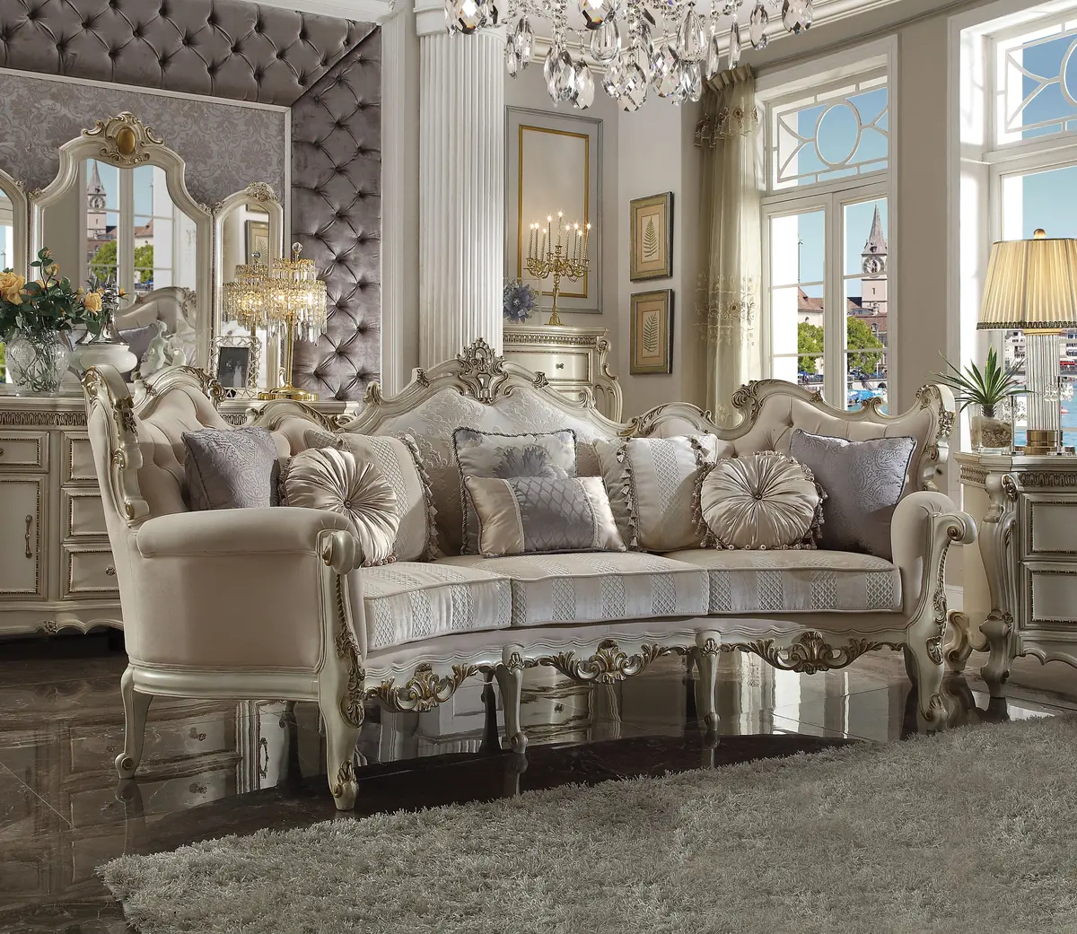 Picardy Fabric & Antique Pearl Sofa W/8 Pillows 1
