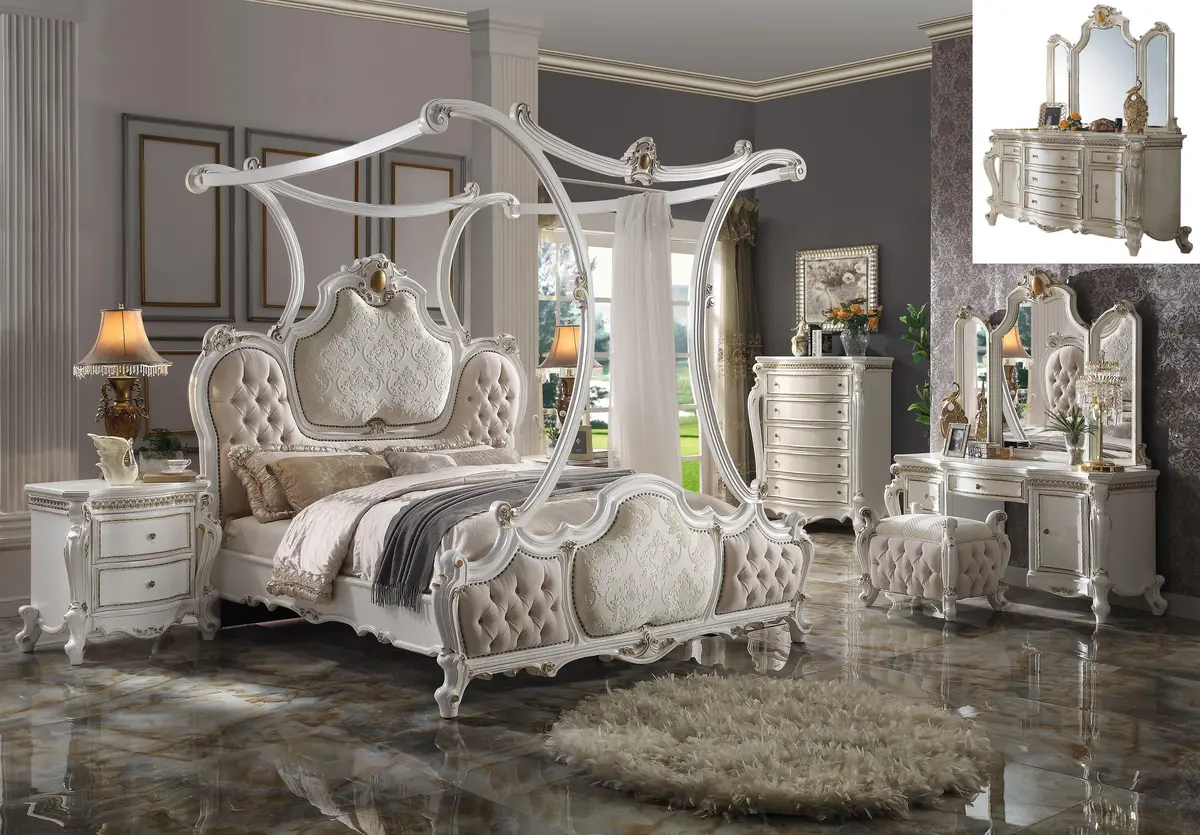 Picardy Fabric & Antique Pearl California King Bed (Canopy) 1