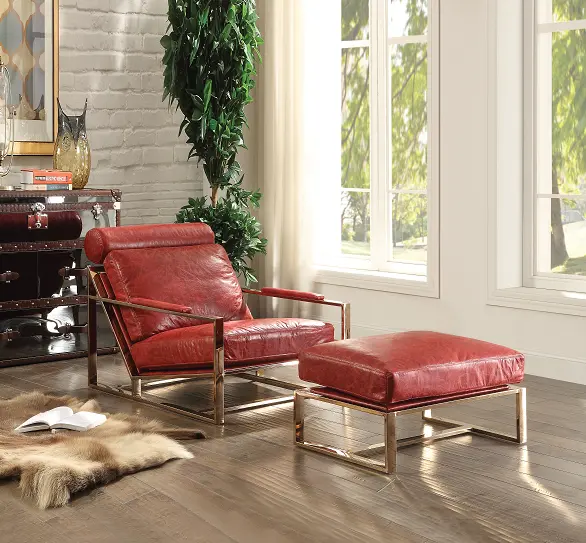Quinto Antique Red Top Grain Leather & Stainless Steel Accent Chair 1