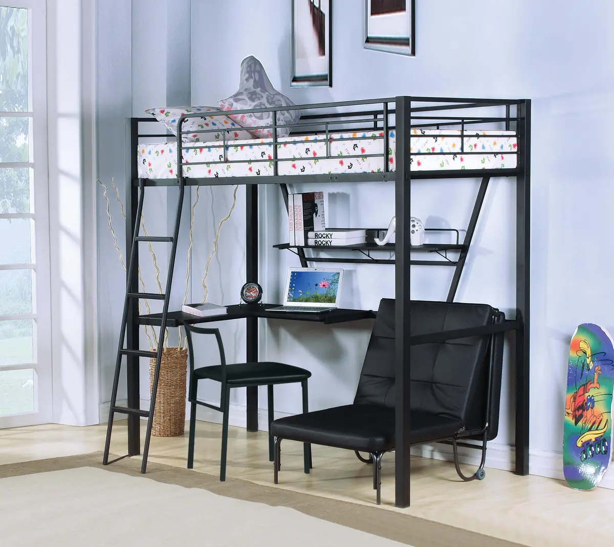Senon Silver & Black Loft Bed & Desk 1