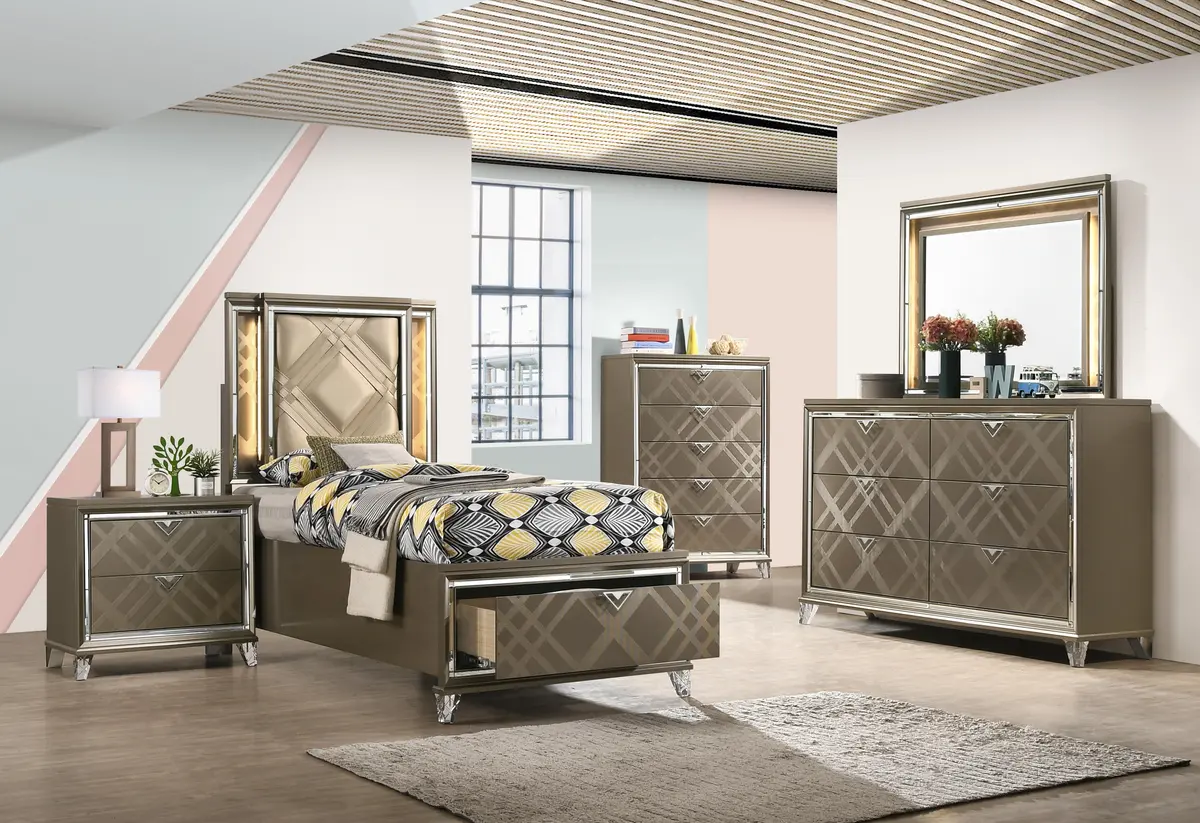Skylar Led, Pu & Dark Champagne Full Bed (Storage & Led) 1