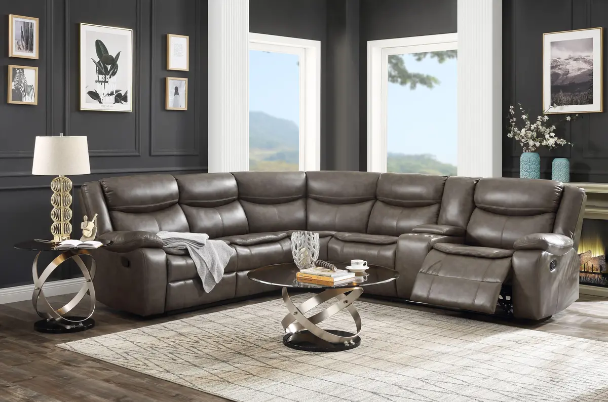 Tavin Taupe Leather-Aire Match Sectional Sofa (Motion) 1