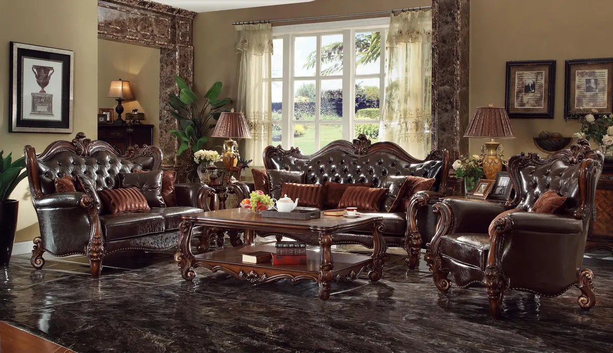 Versailles 2-Tone Dark Brown Pu & Cherry Oak Sofa W/7 Pillows 1