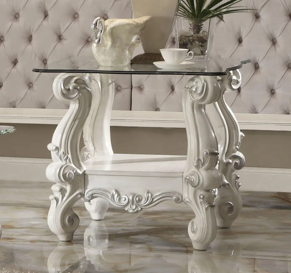 Versailles Bone White & Clear Glass End Table 1