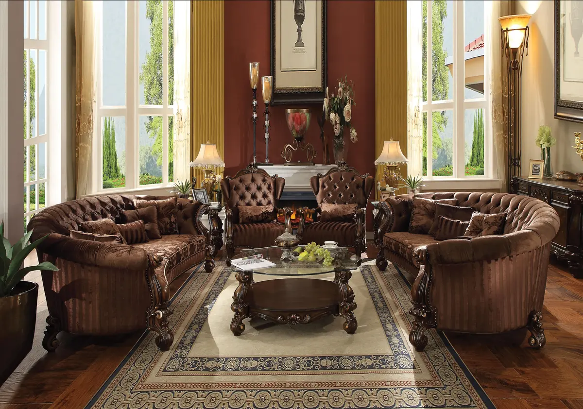 Versailles Brown Velvet & Cherry Oak Sofa W/5 Pillows 1